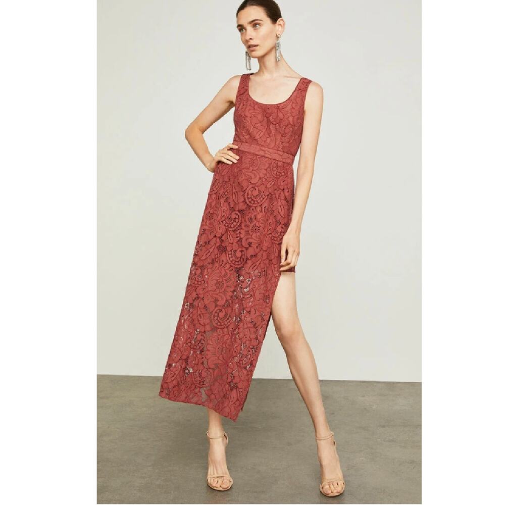 NEW BCBG Max Azria Asymmetric Floral Lace High Low Maxi Dress 2 Tandoori Spice